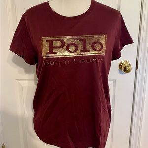 Polo, maroon t-shirt with shiny gold writing